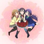  3girls absurdres afterschool_school_idol_(love_live!) asymmetrical_legwear bangs black_hair blush brown_hair cardigan commentary_request feather_hair_ornament feathers floral_background flower gloves green_eyes grey_eyes hair_flower hair_ornament highres kunikida_hanamaru long_hair long_sleeves looking_at_viewer love_live! love_live!_nijigasaki_high_school_idol_club love_live!_school_idol_project love_live!_sunshine!! low_twintails mismatched_legwear multiple_girls muramoh one_side_up otonokizaka_school_uniform pantyhose purple_hair school_uniform sidelocks signature smile thigh-highs toujou_nozomi twintails uranohoshi_school_uniform white_gloves yellow_cardigan yellow_eyes yuuki_setsuna_(love_live!) 