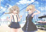  2girls :d ahoge amusement_park andou_tazusa arm_at_side arm_up armpits assault_lily bare_arms bare_shoulders bear_hair_ornament bench black_dress black_shorts blonde_hair blue_ribbon blue_sky blurry blurry_background blush braid breasts bubble building buttons carousel chromatic_aberration clenched_hands closed_mouth clothes_writing clouds commentary_request cross-laced_clothes cross-laced_shorts day dress ferris_wheel frilled_dress frilled_sleeves frills grey_hair hair_ornament hair_ribbon hand_up hands_up highres jewelry long_hair looking_at_another low_twin_braids low_twintails medium_breasts medium_hair multicolored_hair multicolored_ribbon multiple_girls neck_ribbon necklace official_alternate_hairstyle open_mouth orange_ribbon outdoors parasol pendant ponytail red_eyes red_ribbon ribbon ring roller_coaster sasaki_ran shirt short_sleeves shorts sky sleeveless sleeveless_dress smile sparkle standing streaked_hair striped striped_ribbon suspender_shorts suspenders teeth twin_braids twintails umbrella upper_teeth_only w_arms white_ribbon white_shirt wristband yajiuma_no_jesse yellow_eyes 