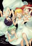  4girls aqua_eyes aqua_hair black_background blonde_hair closed_eyes dated dress ensemble_girls! eyepatch fujii_shizuku green_eyes hair_ribbon hisayoshi_(hisa) kuromori_suzu looking_up multiple_girls orange_hair purple_hair ribbon smile sone_seira translation_request tsukinaga_ruka white_dress 