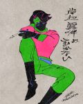  1boy black_footwear boots green_pants grey_background her_tokyo highres jojo_no_kimyou_na_bouken kishibe_rohan kishibe_rohan_wa_ugokanai long_sleeves looking_at_viewer male_focus no_mouth no_nose pants pink_shirt shirt solo twitter_username 