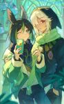  2boys alternate_costume animal_ear_fluff animal_ears black_hair black_hood black_pants blue_hoodie cellphone cyno_(genshin_impact) dark-skinned_male dark_skin fox_boy fox_ears genshin_impact green_eyes green_hair green_jacket hair_between_eyes highres holding holding_phone hood hood_up hoodie jacket long_sleeves male_focus multicolored_hair multiple_boys one_eye_closed pants phone red_eyes scarf short_hair smartphone streaked_hair suzushi tighnari_(genshin_impact) white_hair 