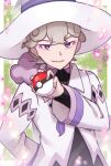  1boy bangs bede_(champion)_(pokemon) bede_(pokemon) blonde_hair coat commentary_request curly_hair eyelashes hat highres holding holding_poke_ball long_sleeves male_focus mocacoffee_1001 official_alternate_costume open_mouth poke_ball poke_ball_(basic) pokemon pokemon_(game) pokemon_masters_ex short_hair signature smile solo upper_body violet_eyes white_coat white_headwear wizard_hat 