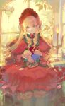  absurdres bangs blonde_hair blue_eyes bonnet bow bowtie doll_joints dress frilled_dress frilled_sleeves frills green_bow green_bowtie highres joints lolita_fashion long_hair long_sleeves red_dress red_headwear rozen_maiden shinku taoer. twintails 