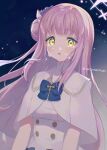  1girl bangs blue_archive blunt_bangs capelet commentary_request crying crying_with_eyes_open dress hair_bun hair_ornament halo long_hair looking_at_viewer mika_(blue_archive) natsumachisan night night_sky one_side_up parted_lips pink_hair sidelocks single_side_bun sky solo star_(sky) starry_sky tears turtleneck_dress white_dress yellow_eyes 