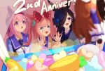  +_+ 3girls :3 against_glass agnes_digital_(umamusume) animal_ears anniversary arms_up blue_coat blue_eyes blurry blurry_foreground blush bow bowtie brown_hair cardigan character_doll coat crane_game ear_covers flower hair_bow hair_over_one_eye haru_urara_(umamusume) hat hat_flower highres horse_ears long_hair long_sleeves multiple_girls ningen_gokko open_mouth pink_eyes pink_hair ponytail purple_shirt rice_shower_(umamusume) sailor_collar shirt smile stuffed_toy two_side_up umamusume violet_eyes 