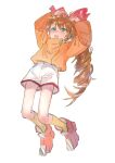  1girl arms_up artist_name bangs blush boots bow brown_hair child female_child full_body green_eyes hair_bow highres long_hair long_sleeves orange_footwear orange_shirt ponytail red_bow scryed shirt shirt_tucked_in shorts simple_background socks solo ueno_zousui very_long_hair white_background white_shorts yellow_socks yuuta_kanami 