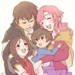  2boys 2girls ^_^ altena_(fire_emblem) bangs black_jacket blue_shirt brown_hair cape child closed_eyes ethlyn_(fire_emblem) family fire_emblem fire_emblem:_genealogy_of_the_holy_war hug jacket leif_(fire_emblem) mojakkoro multiple_boys multiple_girls pants pink_hair pink_shirt quan_(fire_emblem) shirt short_hair white_background white_pants yellow_cape 