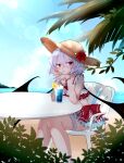  1girl :t absurdres beach bird blush bow bridal_garter clear_sky closed_mouth commentary cup day demon_wings drinking drinking_straw drinking_straw_in_mouth enpixi feet_out_of_frame fingernails flower food fruit hair_between_eyes hand_on_own_cheek hand_on_own_face hands_up hat hat_flower head_rest highres lemon lemon_slice lens_flare lips looking_at_viewer nail_polish ocean palm_leaf purple_hair red_bow red_eyes red_flower red_nails remilia_scarlet seagull shirt short_hair skirt sky solo straw_hat touhou v-shaped_eyebrows water white_shirt white_skirt wings wrist_cuffs 