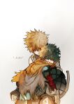  2boys absurdres alternate_hair_color artist_name bakugou_katsuki bandaged_arm bandages black_pants blonde_hair blush bodysuit boku_no_hero_academia cape catching character_name closed_eyes commentary_request curly_hair dirty dirty_clothes gloves gradient_hair green_bodysuit green_gloves green_hair grey_gloves hair_between_eyes highres jackeelart knee_pads leaning_on_person male_focus messy_hair midoriya_izuku multicolored_hair multiple_boys orange_gloves pale_skin pants redrawn short_hair simple_background single_bare_shoulder sleeveless spanish_commentary spiky_hair spoilers standing talking torn_cape torn_clothes torn_gloves torn_sleeve two-tone_gloves underlighting upper_body white_background yellow_cape 