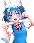  1girl 380u0 :d absurdres animal_ears bangs blue_eyes blue_hair cat_ears cat_tail cirno clenched_hands commentary highres looking_at_viewer open_mouth paw_pose short_hair short_sleeves simple_background smile solo tail teeth touhou upper_teeth_only white_background 