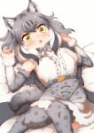  1girl animal_print bare_shoulders blush bow bowtie canadian_lynx_(kemono_friends) cat_print center_frills commentary_request detached_sleeves fang frills fur_trim gradient_skirt gradient_sleeves grey_bow grey_bowtie grey_hair grey_skirt grey_sleeves grey_thighhighs high-waist_skirt highres ibuki_s_forpm kemono_friends lying lynx_ears lynx_girl multicolored_hair on_back on_bed open_mouth print_bow print_bowtie print_skirt print_sleeves print_thighhighs she_li_(lynxm) shirt short_hair sidelocks skirt sleeveless solo thigh-highs white_fur white_hair white_shirt white_skirt white_sleeves yellow_eyes zettai_ryouiki 