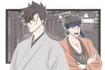  2boys :o black_hair blue_headband brown_eyes brown_hair crossed_arms facial_hair grey_kimono hair_between_eyes head_steam headband japanese_clothes kimono kurima_raizou looking_at_viewer male_focus miosaka0000 multiple_boys outdoors revenger scar scar_on_face scar_on_nose souji_(revenger) stubble sweatdrop 