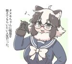  1girl ahoge animal_ears bespectacled black_gloves black_hair bow breasts brown_eyes fang glasses gloves highres holding holding_pencil kemono_friends large_breasts long_sleeves looking_at_viewer multicolored_hair musical_note pencil raccoon_ears round_eyewear short_hair solo tamurambo tanuki_(kemono_friends) teeth translation_request upper_body upper_teeth_only white_bow white_hair 