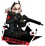  1girl :o assault_rifle bangs black_coat black_gloves blonde_hair character_name coat girls_frontline gloves gnom_na_korable gun holding holding_gun holding_weapon long_hair long_sleeves m4_sopmod_ii m4_sopmod_ii_(girls&#039;_frontline) open_mouth red_eyes rifle solo upper_body weapon white_background 