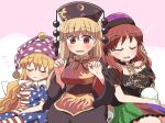  3girls american_flag_dress american_flag_legwear bangs black_dress black_headwear black_shirt blonde_hair blush chain chinese_clothes closed_eyes closed_mouth clothes_writing clownpiece dress fairy fairy_wings hair_between_eyes hat hecatia_lapislazuli jester_cap junko_(touhou) long_hair long_sleeves moon_(ornament) multicolored_clothes multicolored_skirt multiple_girls off-shoulder_shirt off_shoulder open_mouth pantyhose phoenix_crown pink_headwear polka_dot polka_dot_headwear polos_crown red_eyes redhead rokugou_daisuke shirt short_hair short_sleeves skirt star_(symbol) star_print striped striped_dress striped_pantyhose t-shirt tabard touhou wide_sleeves wings 