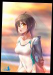  1girl absurdres alicia_leonora arms_behind_back artist_name bare_arms beach black_hair breasts coat competition_swimsuit highres looking_at_viewer medium_breasts ocean one-piece_swimsuit open_clothes open_coat open_mouth original short_hair sunlight swimsuit watermark yellow_eyes 