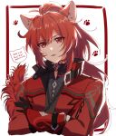  1boy animal_ears black_gloves cat_ears coat diluc_(genshin_impact) diluc_(red_dead_of_night)_(genshin_impact) genshin_impact gloves hair_between_eyes highres jacket long_hair male_focus ponytail red_coat red_eyes red_jacket redhead simple_background tongue tongue_out white_background yuu_(mboj_fdk) 