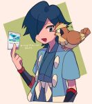  1boy :d bangs black_wristband blue_eyes blue_hair blue_jacket blue_kimono card commentary_request falkner_(pokemon) hair_over_one_eye hand_up haori holding holding_card jacket japanese_clothes kimono male_focus on_shoulder open_clothes open_jacket open_mouth pidgey pokemon pokemon_(creature) pokemon_(game) pokemon_hgss pokemon_on_shoulder sash short_hair short_sleeves smile translation_request tyako_089 wristband 