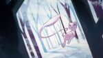  bare_tree commentary_request day floating full_body highres lila_0219 looking_up mew_(pokemon) no_humans outdoors pokemon pokemon_(creature) snow solo tree 