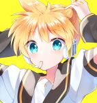  1boy adjusting_hair bass_clef blonde_hair blue_eyes hair_tie headset kagamine_len looking_at_viewer male_focus mani_(manidrawings) portrait sailor_collar short_hair short_ponytail simple_background solo vocaloid yellow_background 