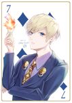  1boy absurdres artist_name bepo_hachio blonde_hair blue_eyes dated fire formal high_card highres long_sleeves looking_at_viewer male_focus money necktie pinochle_constantine_leo purple_shirt shirt short_hair solo suit upper_body yellow_necktie 