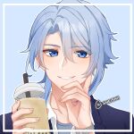  1boy bangs blue_eyes blue_hair bubble_tea genshin_impact glass hair_between_eyes highres kamisato_ayato male_focus mole mole_under_mouth sheishii smile twitter_username watch watch 