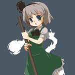  1girl black_bow black_bowtie black_hairband blue_eyes blush bow bowtie breasts broom collared_shirt frilled_skirt frills green_skirt green_vest grey_background grey_hair hairband hiroshi_(2guh6h6h) hitodama holding holding_broom konpaku_youmu looking_at_viewer medium_breasts open_mouth puffy_short_sleeves puffy_sleeves shirt short_hair short_sleeves simple_background skirt solo touhou vest white_shirt 