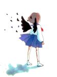  1girl black_wings blue_sailor_collar blue_skirt brown_hair commentary facing_away feathered_wings feathers from_behind full_body long_sleeves neckerchief no_shoes original pleated_skirt red_neckerchief sailor_collar sailor_shirt school_uniform serafuku shadow shirt short_hair simple_background skirt socks solo standing tokunaga_aoi traditional_media white_background white_shirt white_socks wind wings 