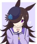  1girl animal_ears bangs black_hair blue_flower blue_headwear blue_rose blue_shirt bow commentary flower flying_sweatdrops hair_over_one_eye hat hat_flower highres horse_ears horse_girl ichinose_jun long_bangs long_hair long_sleeves looking_at_viewer open_mouth purple_background purple_sailor_collar rice_shower_(umamusume) rose sailor_collar school_uniform shirt solo swept_bangs tilted_headwear tracen_school_uniform umamusume upper_body violet_eyes white_bow 