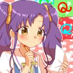 1girl ? ?? blue_background blush closed_mouth ehon_chioka ensemble_girls! green_background hair_ribbon holding holding_paper holding_pen kimisaki_school_uniform long_hair looking_down multicolored_background ougi_koharu paper pen pink_background purple_hair red_background ribbon school_uniform smile solo twintails yellow_background yellow_eyes yellow_ribbon 