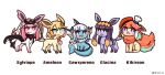  5girls :d artist_name black_cape blonde_hair blue_eyes bridal_veil cape chef_hat chroneco crossover fins fish_tail flareon gawr_gura glaceon hair_ornament hat highres hololive hololive_english holomyth leafeon looking_at_viewer looking_past_viewer mini_hat monocle_hair_ornament mori_calliope multicolored_hair multiple_girls necktie ninomae_ina&#039;nis open_mouth orange_hair pink_eyes pink_hair pokemon pokemon_(creature) pokemon_(game) purple_hair red_necktie shark_hair_ornament simple_background sitting smile sylveon tail takanashi_kiara tiara twitter_username two-tone_hair vaporeon veil violet_eyes watson_amelia white_background white_hair 
