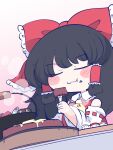  1girl ascot bare_shoulders black_hair blush_stickers bow chahan_(fried_rice0614) closed_eyes closed_mouth detached_sleeves eating food food_on_face hair_bow hair_tubes hakurei_reimu highres holding japanese_clothes long_hair nontraditional_miko red_bow ribbon-trimmed_sleeves ribbon_trim sidelocks solo touhou white_sleeves wide_sleeves yellow_ascot 