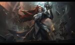  1girl absurdres black_pants candle candlestand green_eyes highres hood league_of_legends letterboxed long_hair looking_at_viewer miss_fortune_(league_of_legends) pants redhead smoke zhangzihan 