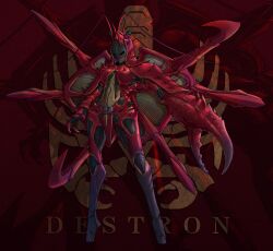 1girl antennae armor bodysuit claws closed_mouth commentary covered_eyes dark_skin eidenjyou1997 emblem english_text full_body genderswap genderswap_(mtf) helmet highres kamen_rider kamen_rider_v3_(series) monster_girl pincers purple_hair red_armor red_background shell solo spiked_armor spikes standing zariganna zoom_layer