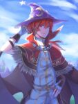  1boy artist_name bangs blue_sky brown_wings capelet closed_mouth clouds commentary_request cowboy_shot crescent crescent_hat_ornament day fingerless_gloves fur-trimmed_capelet fur_trim gloves hair_between_eyes hat hat_ornament high_collar high_wizard_(ragnarok_online) highres looking_at_viewer male_focus natsuya_(kuttuki) outdoors pants print_headwear purple_headwear ragnarok_online red_capelet shirt short_hair signature sky smile solo star_(symbol) star_print web_address white_gloves white_pants white_shirt wings witch_hat 