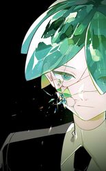  1other androgynous aqua_eyes aqua_hair bangs black_background black_necktie broken closed_mouth crystal_hair eyes_visible_through_hair gem_uniform_(houseki_no_kuni) green_eyes green_hair hair_over_one_eye highres houseki_no_kuni looking_at_viewer necktie other_focus phosphophyllite portrait scar scar_across_eye shards short_hair simple_background solo sparkle two_pokemon 