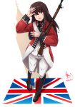  1girl akagi_(kancolle) alternate_costume boots brown_eyes brown_footwear brown_hair coat commission full_body highres kantai_collection ld_(luna_dial398) long_hair long_sleeves military military_uniform pants red_coat sash sidelocks skeb_commission solo standing straight_hair uniform union_jack white_pants white_sash 