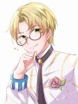  1boy alfred_(fire_emblem) black_necktie blonde_hair dress_shirt fire_emblem fire_emblem_engage flower flower_in_pocket glasses green_eyes hair_flower hair_ornament highres long_sleeves looking_at_viewer necktie red_flower shirt short_hair white_background white_shirt yutohiroya 