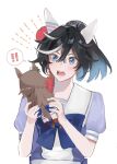  ! !! 1girl animal_ears b_qpyz bangs black_hair blue_bow blue_eyes blue_shirt blue_skirt bow character_doll character_request commentary_request doll hair_between_eyes highres holding holding_doll horse_ears mr._c.b._(umamusume) multicolored_hair puffy_short_sleeves puffy_sleeves shirt short_sleeves simple_background skirt solo spoken_exclamation_mark streaked_hair thigh-highs umamusume upper_body white_background white_hair white_thighhighs 