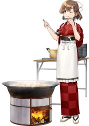  1girl akasaka_yuzu apron asahi_(kancolle) asahi_(saury_festival)_(kancolle) braid brown_hair checkered_clothes checkered_kimono cooking cooking_pot fire full_body gloves grey_eyes hair_ribbon japanese_clothes kantai_collection kimono ladle mole mole_under_mouth official_alternate_costume official_art one_eye_closed red_kimono ribbon sandals saucer short_hair side_braid single_glove socks solo standing stove tabi table transparent_background white_apron white_ribbon white_socks wrench 