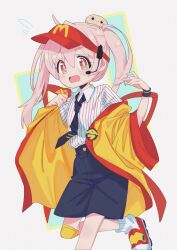  1girl bandaid bandaid_on_knee bandaid_on_leg cosplay double_cheese_(mcdonald's) double_cheese_(mcdonald's)_(cosplay) genderswap genderswap_(mtf) happi headset highres japanese_clothes long_hair looking_at_viewer mcdonald's mochitsuki_kagami necktie onii-chan_wa_oshimai! open_mouth orange_eyes oyama_mahiro pink_hair shirt shoes shorts sneakers socks solo standing standing_on_one_leg striped_clothes striped_shirt tasuki tears tie_clip twintails vertical-striped_clothes vertical-striped_shirt visor_cap wristband 