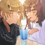  2girls black_shirt brown_eyes brown_hair choker commentary_request drinking drinking_straw drinking_straw_in_mouth girls_frontline glass hair_ornament hand_on_own_face highres looking_at_viewer multiple_girls official_alternate_costume one_side_up scar scar_across_eye sekiko_(dr11034) shared_drink shirt smile table ump45_(girls&#039;_frontline) ump9_(girls&#039;_frontline) upper_body white_shirt 