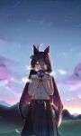  1girl ahoge animal_ears belt black_skirt blush breath clouds covering_mouth earrings feet_out_of_frame hair_between_eyes highres horse_ears horse_girl horse_tail jewelry kumagitsune long_sleeves looking_at_viewer manhattan_cafe_(umamusume) mittens mountainous_horizon multicolored_hair shirt shirt_tucked_in single_earring skirt solo standing star_(sky) streaked_hair sunrise tail umamusume yellow_shirt 