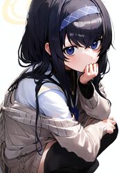  1girl absurdres bangs black_hair black_thighhighs blue_archive blue_hairband cardigan hairband halo highres jewelry long_hair long_sleeves looking_at_viewer necklace purple_hairband safe school_uniform serafuku simple_background skirt solo squatting sweater thigh-highs ui_(blue_archive) user_dvgc8787 violet_eyes white_background white_serafuku white_skirt 