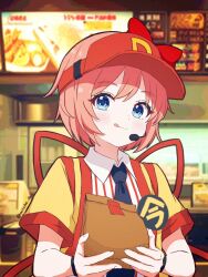  black_necktie blue_eyes cosplay doki_doki_literature_club double_cheese_(mcdonald's) double_cheese_(mcdonald's)_(cosplay) employee_uniform fast_food_uniform highres light_blush looking_at_viewer mcdonald's microphone milcha_16 necktie pink_hair red_visor sayori_(doki_doki_literature_club) tongue tongue_out 