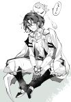  1boy absurdres alear_(fire_emblem) alear_(male)_(fire_emblem) animal_on_head boots cape fire_emblem fire_emblem_engage gloves greyscale highres illust_mi male_focus monochrome on_head own_hands_together sitting sommie_(fire_emblem) 