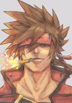  1boy brown_hair guilty_gear guilty_gear_xrd highres levvellevvel long_hair looking_at_viewer male_focus mouth_hold red_eyes sol_badguy 