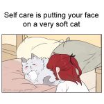  1boy animal bed cale_henituse cat closed_eyes closed_mouth commentary_request english_commentary english_text grey_cat half_updo highres long_hair lout_of_count&#039;s_family male_focus meme pillow redhead shirt twitter_username vee_vizualz 