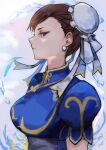  1girl blue_dress brown_eyes brown_hair bun_cover china_dress chinese_clothes chun-li double_bun dress earrings hair_bun highres jewelry levvellevvel looking_at_viewer profile puffy_short_sleeves puffy_sleeves red_eyeliner short_sleeves street_fighter street_fighter_ii_(series) 