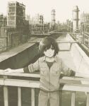  1girl bangs breast_pocket canal city closed_mouth collared_shirt factory highres industrial_pipe kensight328 light_smile looking_at_viewer monochrome original outstretched_arms pants pocket railing sepia shirt short_hair signature sleeves_rolled_up solo standing 